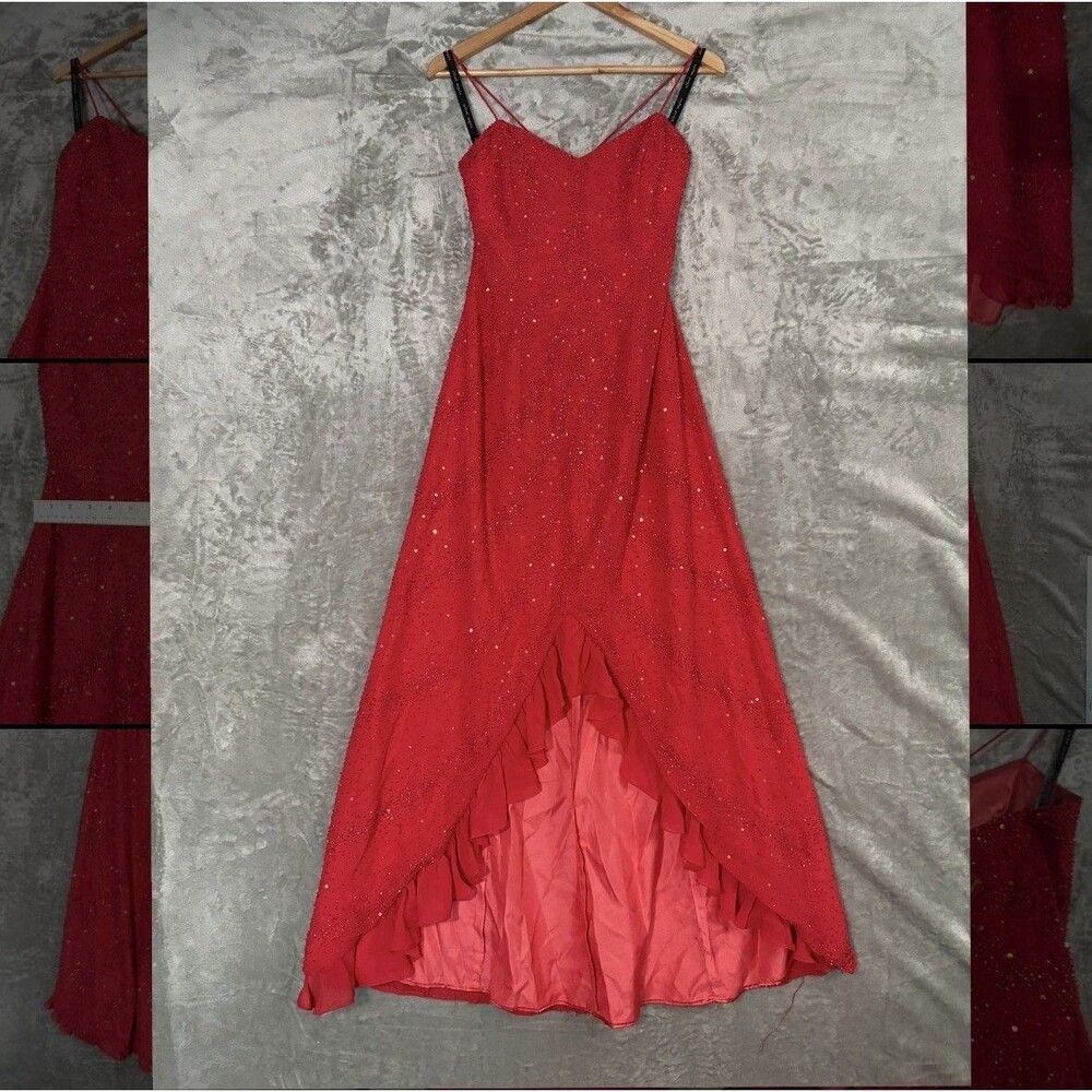 Alfred Angelo Beaded Sequined High-Low Dress 10 Red Prom Formal Gown Style 3673